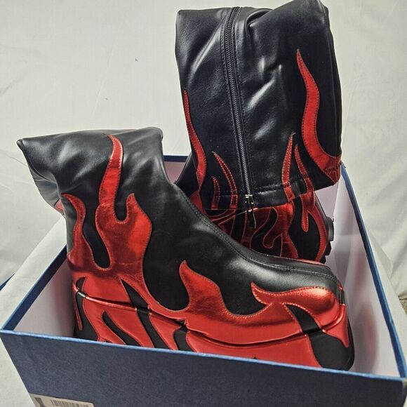 women’s side zipper high heeled Ref Flames printing thick sole boots high Sz6 - Picture 9 of 10